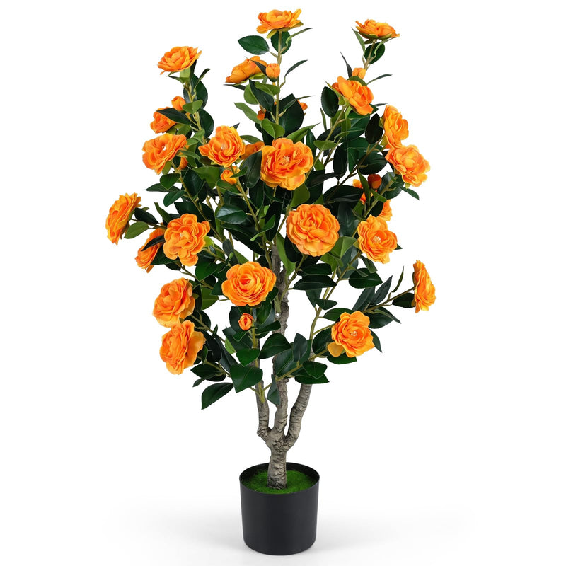 Load image into Gallery viewer, Goplus 39.5" Artificial Camellia Tree | Faux Flower Plant Tree in Cement-Filled Pot with Blossoms
