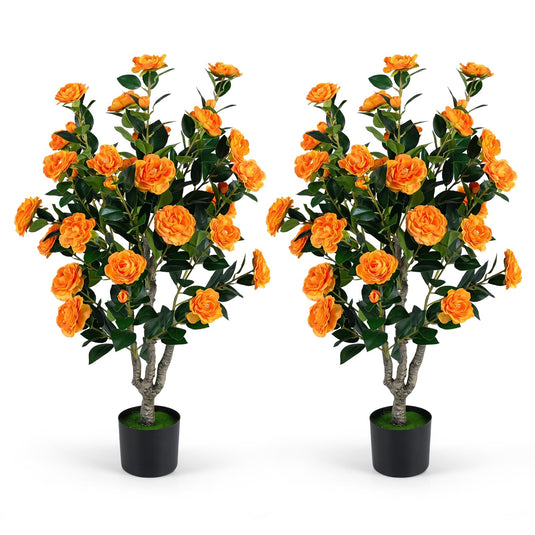 Goplus 39.5" Artificial Camellia Tree | Faux Flower Plant Tree in Cement-Filled Pot with Blossoms