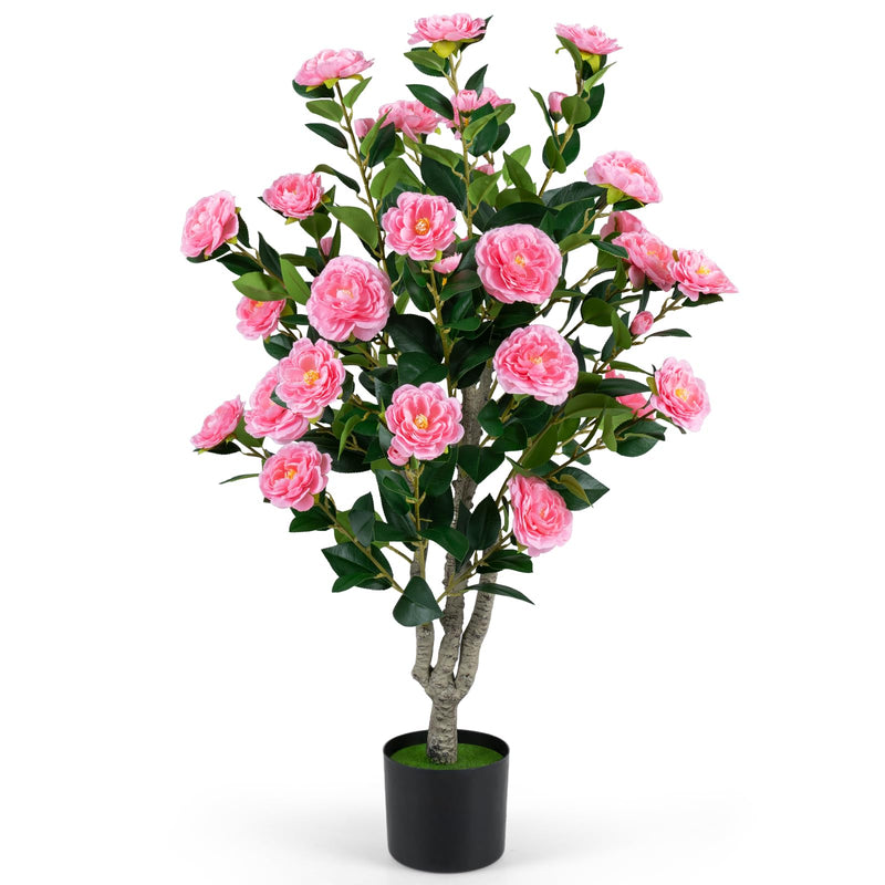 Load image into Gallery viewer, Goplus 39.5" Artificial Camellia Tree | Faux Flower Plant Tree in Cement-Filled Pot with Blossoms
