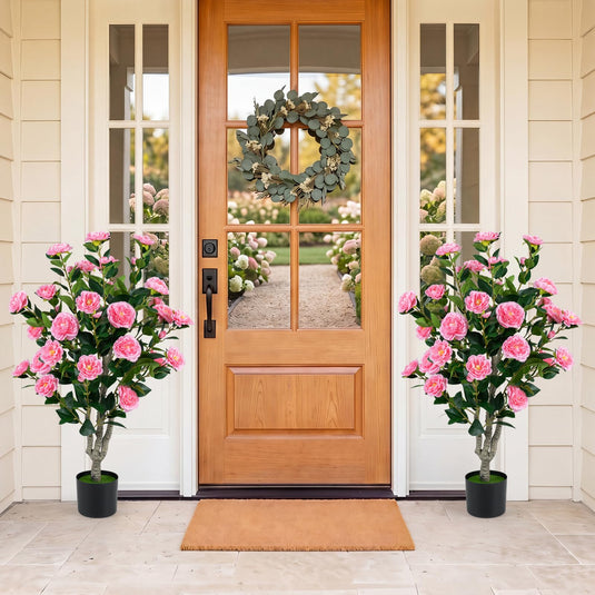 Goplus 39.5" Artificial Camellia Tree | Faux Flower Plant Tree in Cement-Filled Pot with Blossoms
