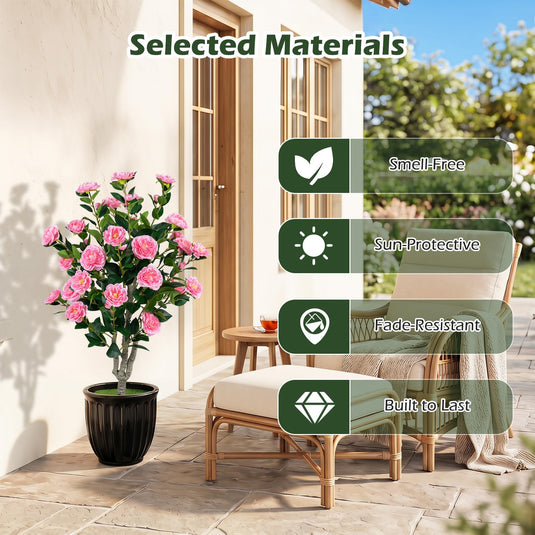 Goplus 39.5" Artificial Camellia Tree | Faux Flower Plant Tree in Cement-Filled Pot with Blossoms