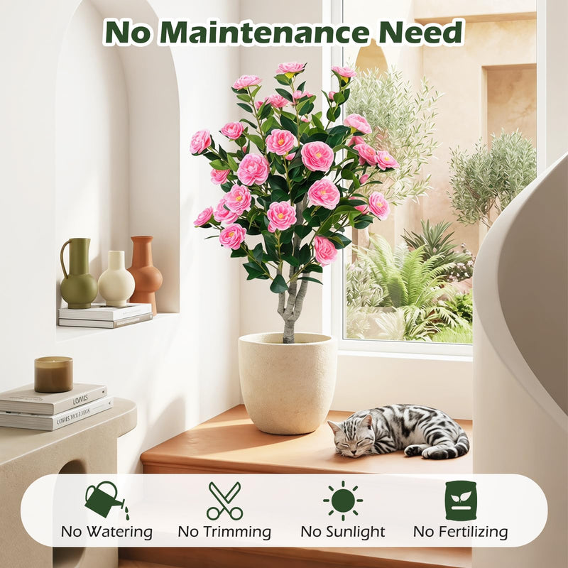 Load image into Gallery viewer, Goplus 39.5" Artificial Camellia Tree | Faux Flower Plant Tree in Cement-Filled Pot with Blossoms
