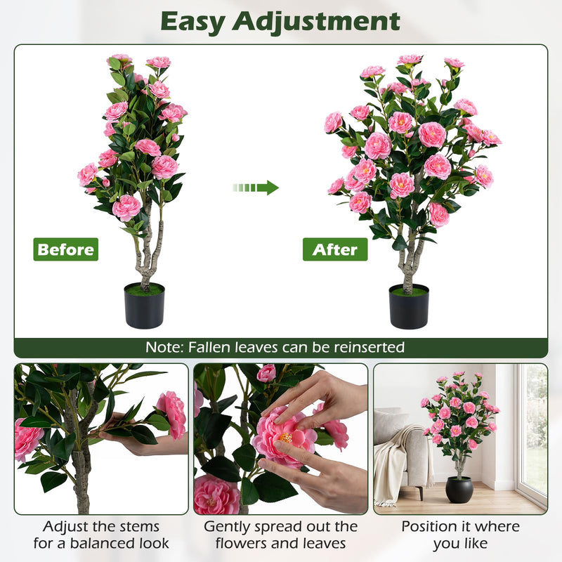 Load image into Gallery viewer, Goplus 39.5" Artificial Camellia Tree | Faux Flower Plant Tree in Cement-Filled Pot with Blossoms

