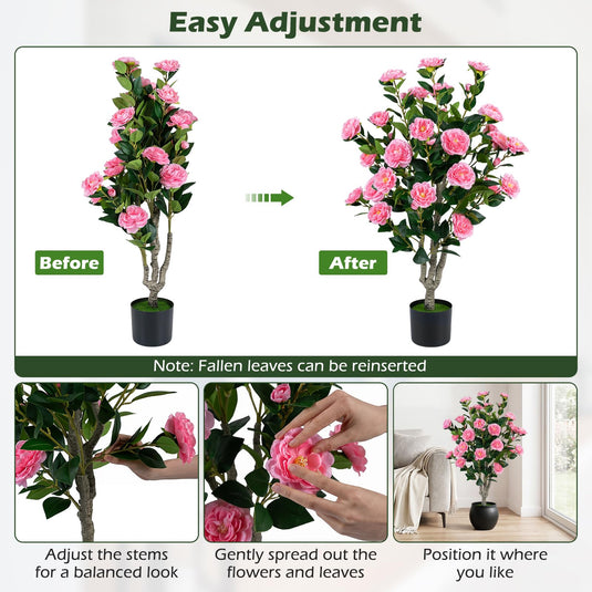 Goplus 39.5" Artificial Camellia Tree | Faux Flower Plant Tree in Cement-Filled Pot with Blossoms