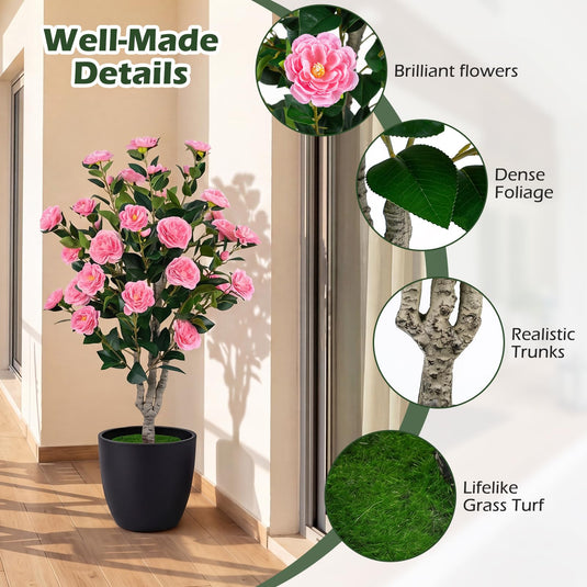 Goplus 39.5" Artificial Camellia Tree | Faux Flower Plant Tree in Cement-Filled Pot with Blossoms