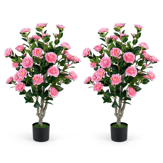 Goplus 39.5" Artificial Camellia Tree | Faux Flower Plant Tree in Cement-Filled Pot with Blossoms