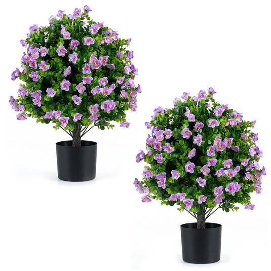 Goplus 2 Pack Artificial Eucalyptus Topiary Ball Trees w/Flowers & Cement Filled Planter