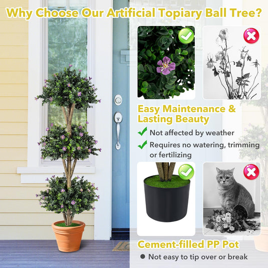 Goplus 51" Artificial Triple Ball Boxwood Topiary Tree with 59 Blossoms & Cement-Filled Plastic Pot