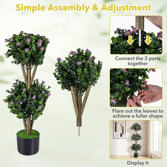 Goplus 51" Artificial Triple Ball Boxwood Topiary Tree with 59 Blossoms & Cement-Filled Plastic Pot