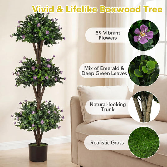 Goplus 51" Artificial Triple Ball Boxwood Topiary Tree with 59 Blossoms & Cement-Filled Plastic Pot