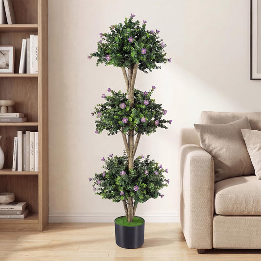Goplus 51" Artificial Triple Ball Boxwood Topiary Tree with 59 Blossoms & Cement-Filled Plastic Pot
