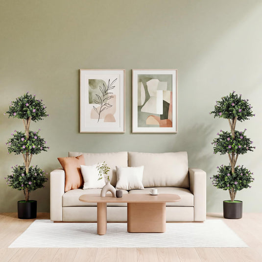 Goplus 51" Artificial Triple Ball Boxwood Topiary Tree with 59 Blossoms & Cement-Filled Plastic Pot