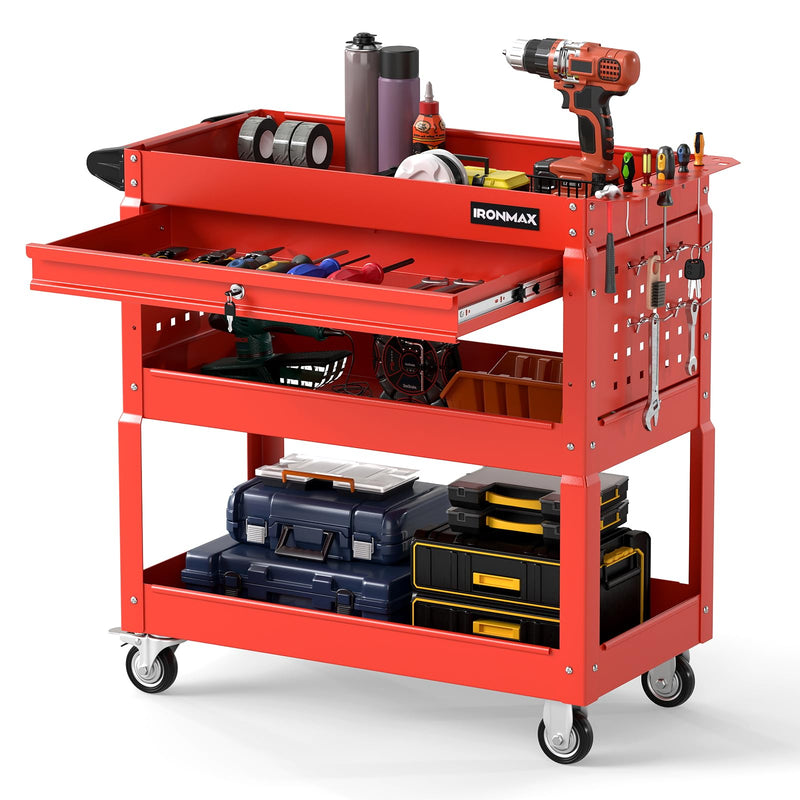 Load image into Gallery viewer, Goplus 3 Tier Rolling Tool Cart with Lockable Drawer | Heavy Duty Metal Utility Cart on Wheels
