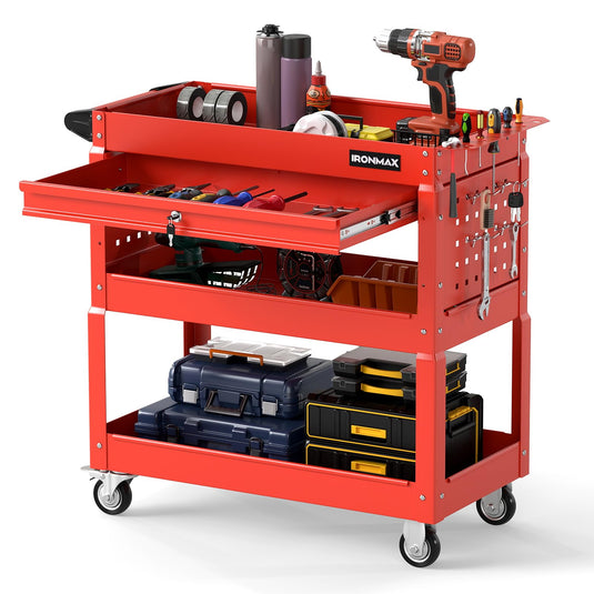 Goplus 3 Tier Rolling Tool Cart with Lockable Drawer | Heavy Duty Metal Utility Cart on Wheels