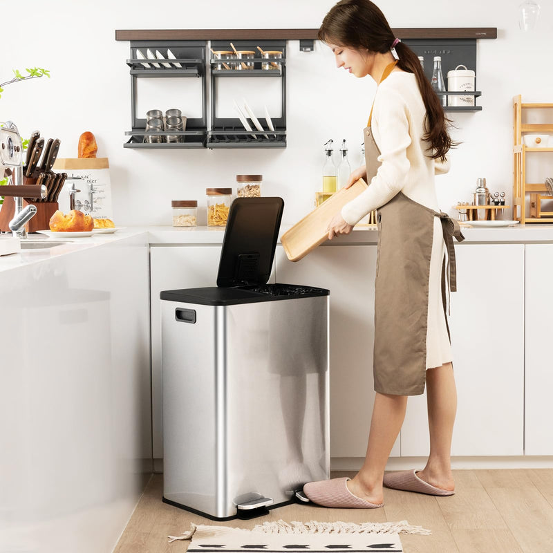 Load image into Gallery viewer, Goplus 16 Gallon/ (2x30L) Stainless Steel Trash Can, Kitchen Trash Bin
