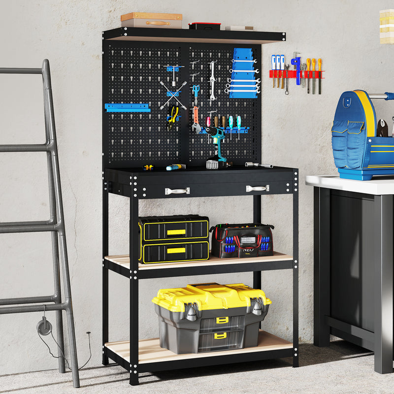 Load image into Gallery viewer, Goplus Workbench with Pegboard, 32&quot; x 16&quot; Multi-use Workbench with 2 Tires of Shelves, Topping Space
