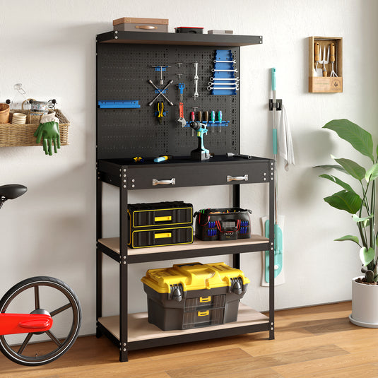 Goplus Workbench with Pegboard, 32" x 16" Multi-use Workbench with 2 Tires of Shelves, Topping Space