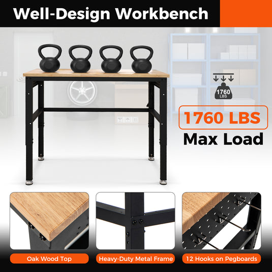 48" Adjustable Workbench, Oak Wood Top Heavy-Duty Work Table Workstation with Non-Slipping Pads & Adjustable Height