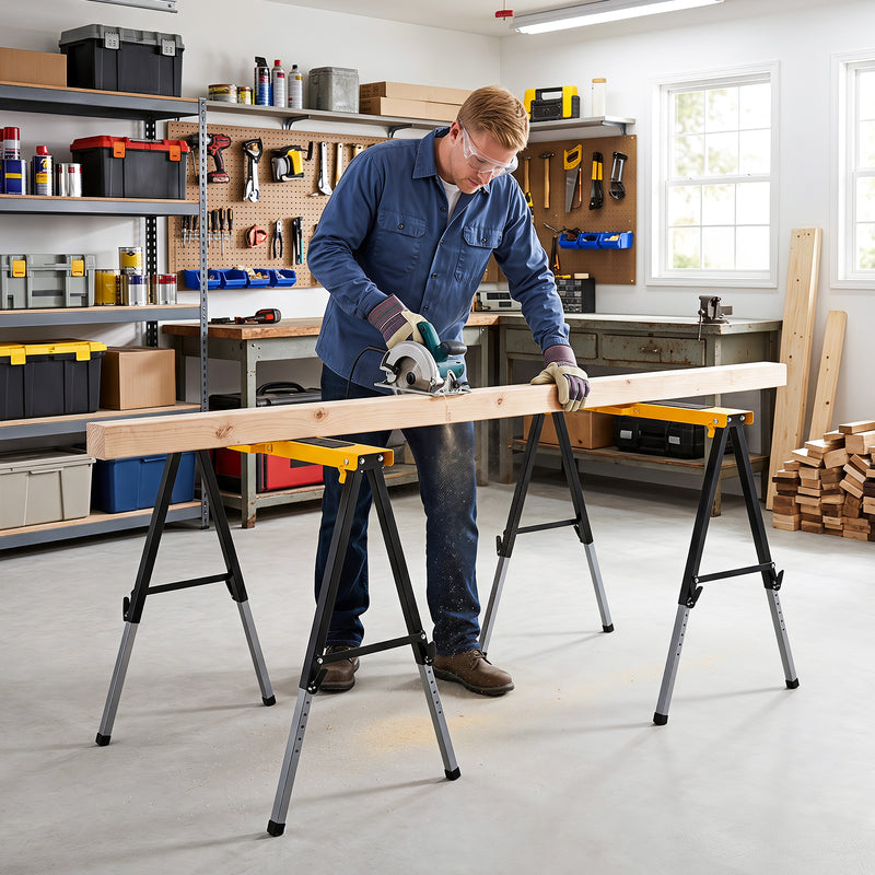 Load image into Gallery viewer, Goplus 2 Pack Folding Saw Horses with 12 Adjustable Leg Heights and Carry Handles
