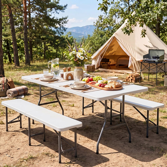 Goplus 6 FT Plastic Folding Table | Fold-in-Half Camping Table with Carry Handle