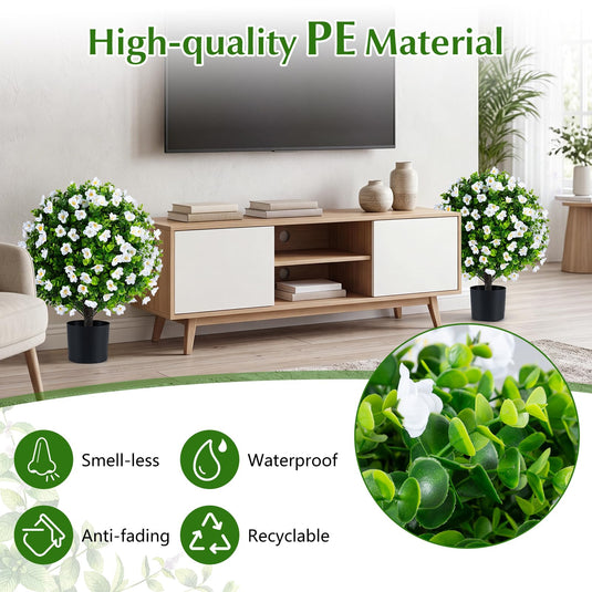 Goplus 2 Pack Artificial Eucalyptus Topiary Ball Trees w/Flowers & Cement Filled Planter