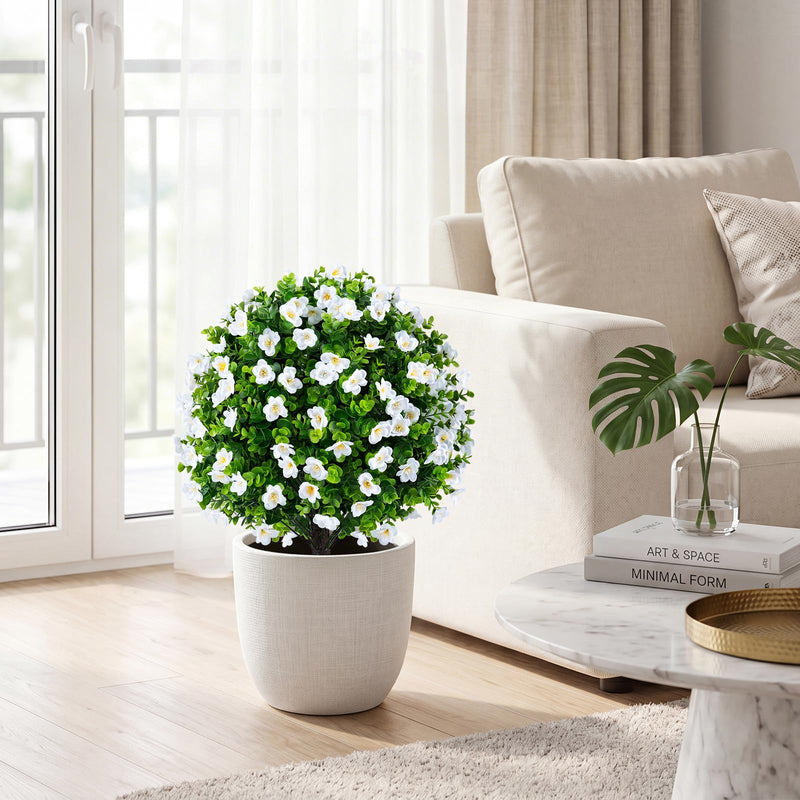 Load image into Gallery viewer, Goplus 2 Pack Artificial Eucalyptus Topiary Ball Trees w/Flowers &amp; Cement Filled Planter
