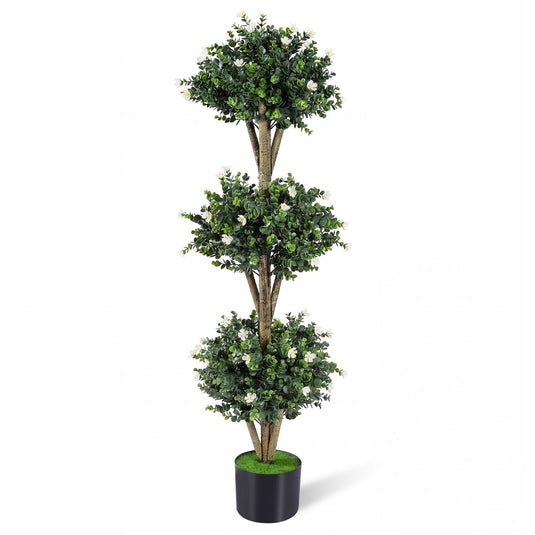 Goplus 51" Artificial Triple Ball Boxwood Topiary Tree with 59 Blossoms & Cement-Filled Plastic Pot