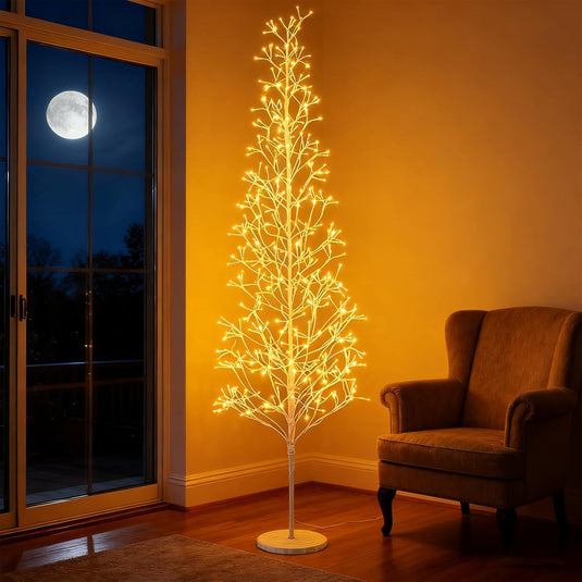 Goplus LED Birch Tree, 5/6/7 FT Pre-lit Twig Tree with Warm White Light LED Lights, Weighted Base