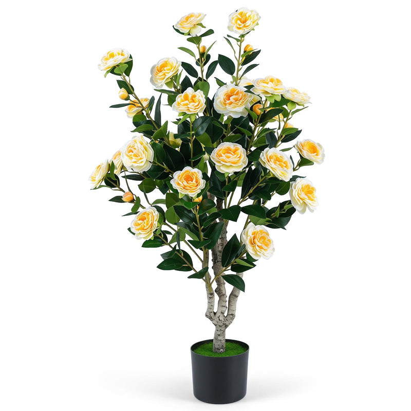 Load image into Gallery viewer, Goplus 39.5" Artificial Camellia Tree | Faux Flower Plant Tree in Cement-Filled Pot with Blossoms
