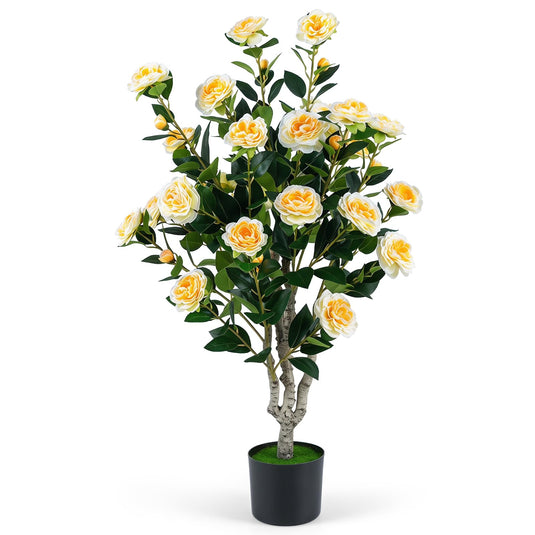 Goplus 39.5" Artificial Camellia Tree | Faux Flower Plant Tree in Cement-Filled Pot with Blossoms