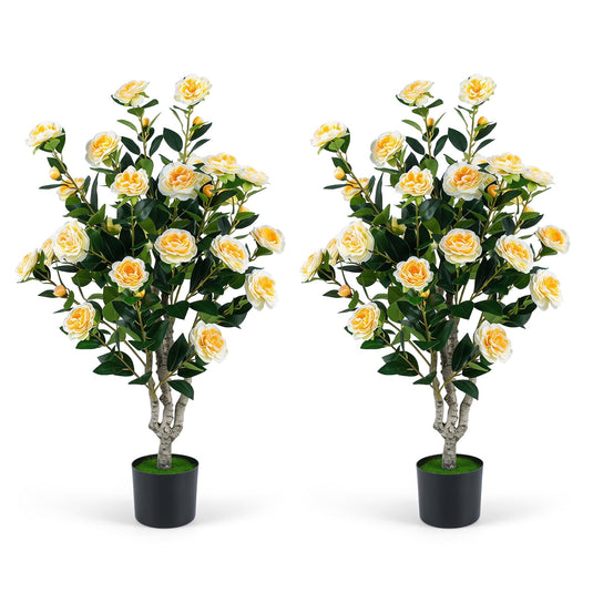 Goplus 39.5" Artificial Camellia Tree | Faux Flower Plant Tree in Cement-Filled Pot with Blossoms