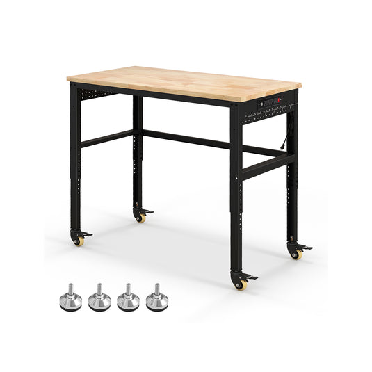 48" Adjustable Workbench, Oak Wood Top Heavy-Duty Work Table Workstation with Non-Slipping Pads & Adjustable Height
