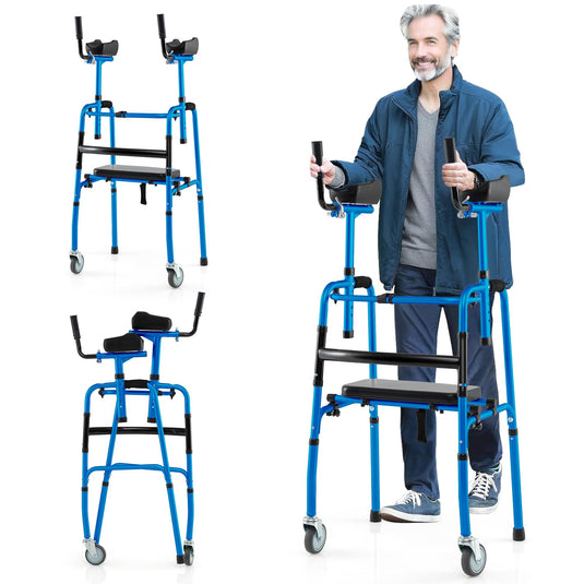 Goplus Folding Walker 450 Lbs Foldable Standard Walker with 5'' Wheels Seat and Removable Armrests