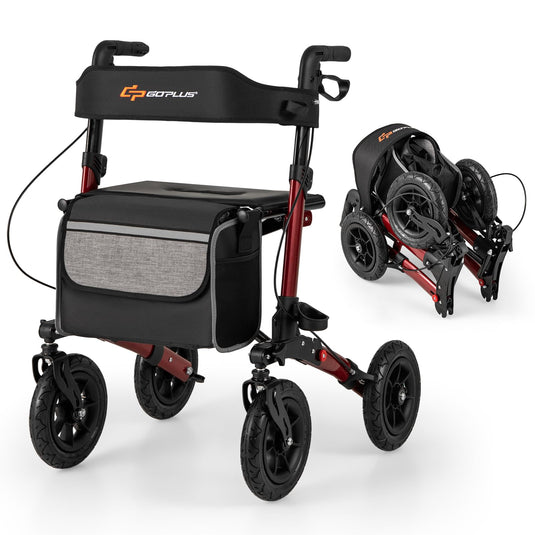Goplus Walkers for Seniors with Seat 2 in 1 Folding Rolling Rollator Walker with 9" Pneumatic Tires for All Terrain