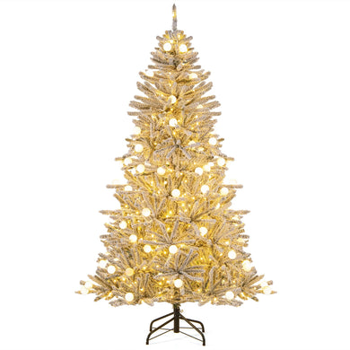 Goplus Pre-Lit Snow Flocked Christmas Tree with Warm White LED Lights & Globe Lights