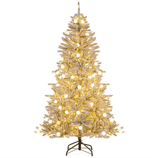Goplus Pre-Lit Snow Flocked Christmas Tree with Warm White LED Lights & Globe Lights