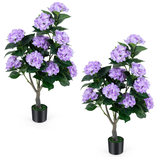 Goplus 2 Pack Artificial Hydrangea Tree w/11 Flowers & Realistic Trunk in Plastic Nursery Pot