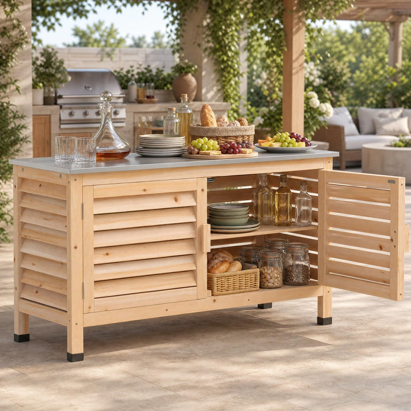 Load image into Gallery viewer, Goplus Patio Storage Cabinet | Fir Wood Sideboard with Stainless Steel Countertop
