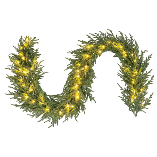 9 FT Pre-lit Artificial Cypress Christmas Garland with 50 Warm White LED Lights and 130 Branch Tips