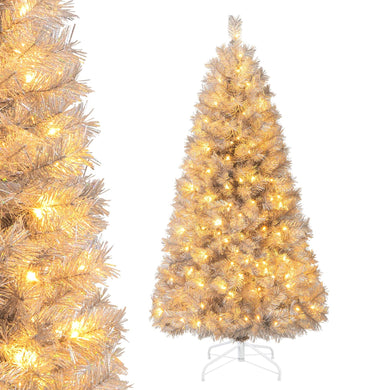Goplus 5ft / 6ft / 7 ft Pre-Lit Silver Tinsel Christmas Tree with Warm White LED Lights