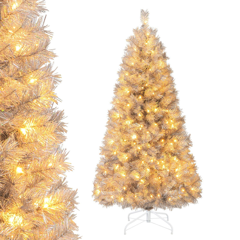 Load image into Gallery viewer, Goplus 5ft / 6ft / 7 ft Pre-Lit Silver Tinsel Christmas Tree with Warm White LED Lights
