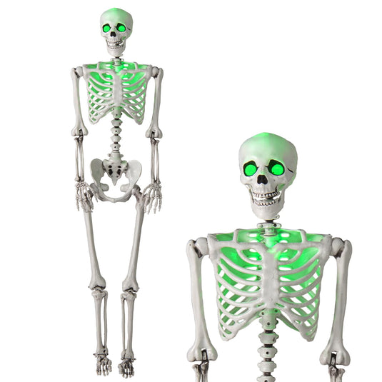 Goplus 63" Life-Size Posable Skeleton with Green LED Lights Halloween Lighted Skeleton Decoration