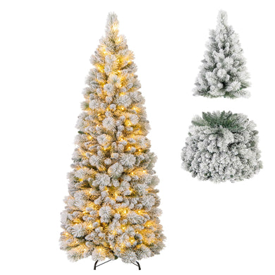 Goplus 6ft / 7ft Pre-Lit Pop Up Christmas Tree Collapsible Snow Flocked Artificial Xmas Tree