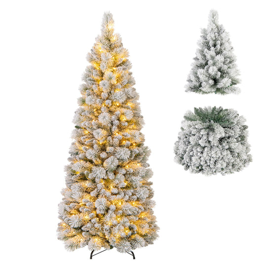Goplus 6ft / 7ft Pre-Lit Pop Up Christmas Tree Collapsible Snow Flocked Artificial Xmas Tree