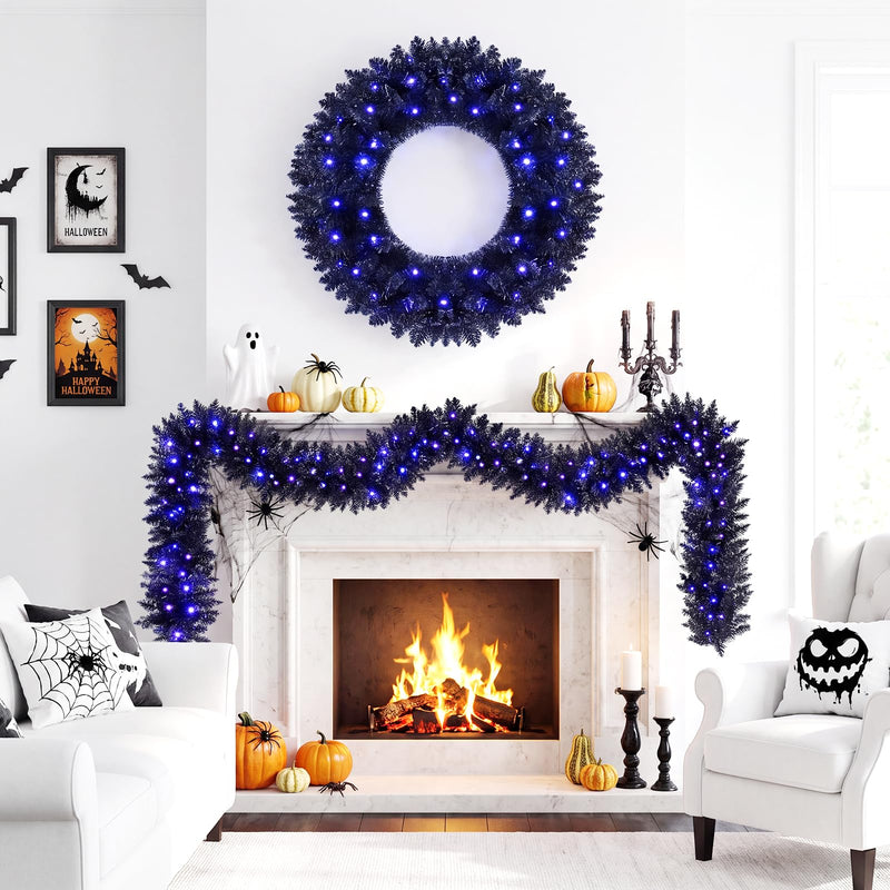 Load image into Gallery viewer, Goplus 24" Black Halloween Wreath and 9 ft Garland Set for Christmas
