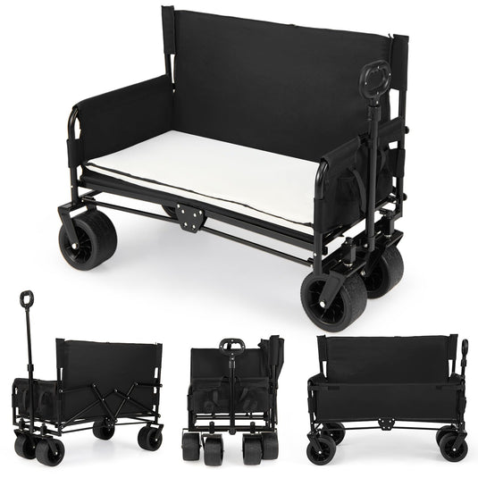 Goplus 2-in-1 Wagon Bench Seat Combo with Adjustable Push/Pull Handle & Soft Cushions