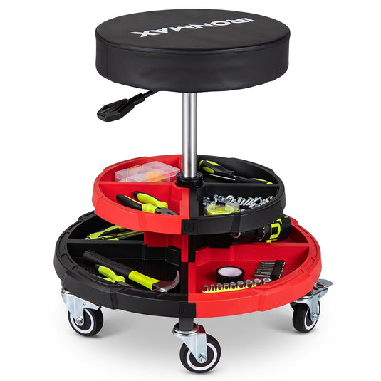 Goplus Rolling Mechanic Stool with Cushioned Seat w/ Dual Tool Trays