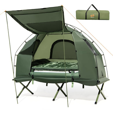 Goplus Camping Tent Cot, 5-in-1 Folding Camping Bed with Air Mattress, Pillow, Sleeping Bag, Waterproof Elevated Tent Shelter
