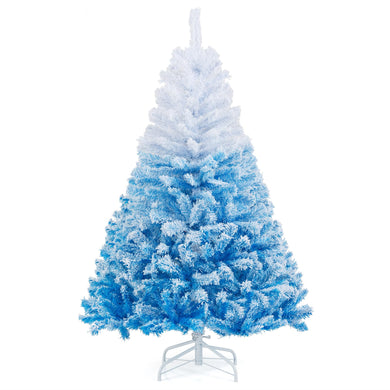 Goplus Snow Flocked Christmas Tree with Lush Branch Tips & Foldable Metal Stan ( Blue Gradient & White )