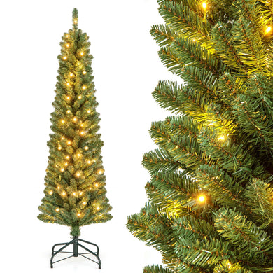 Goplus Pre-Lit Slim Pencil Christmas Tree Slender Holiday Tree for Home Office Decoration